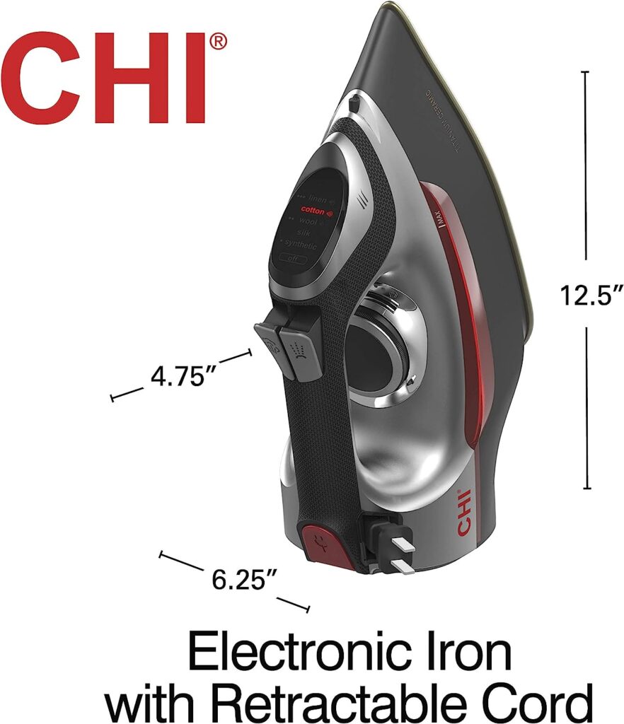 CHI Steam Iron for Clothes with Titanium Infused Ceramic Soleplate, 1700 Watts, Electronic Temperature Control, 8 Retractable Cord, 3-Way Auto Shutoff, 400+ Holes, Professional Grade, Silver (13102)